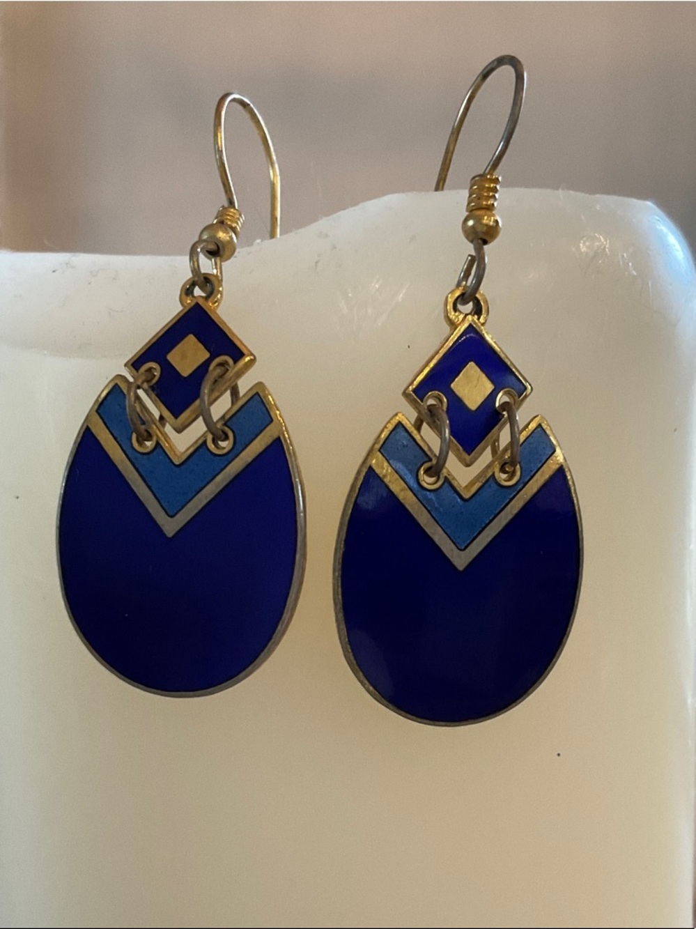 Nuri- 1980’s Art Deco Style Blue Enamel Drop Earrings Vintage Gold Tone